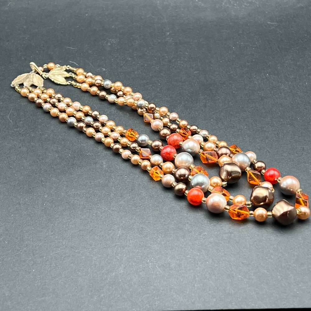 Vintage Multi Strand Beaded Necklace Orange Brown Gold‎ Tone